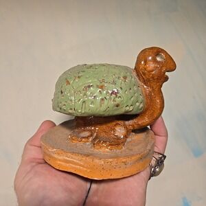 VTG 1949 Studio Pottery Turtle Sculpture Green Brown Signed 5x3x3" Figurine‎ MCM